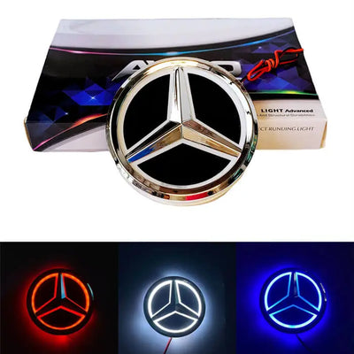 Emblème Mercedes Lumineux LED arrière 8,7×8,7 cm 12V Bleu/Rouge/Blanc - vue de face - Becquet Voiture