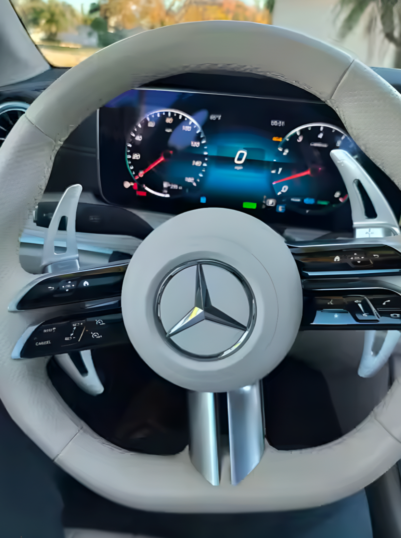 Performance Steering Wheel Paddle Extensions Mercedes C-Class W206 - three-quarter view - Becquet Voiture
