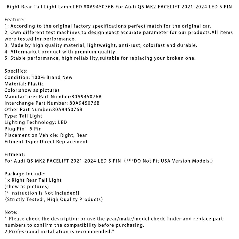 Feu Arrière Droit LED Audi Q5 MK2 Restylée 2021-2024 5 Broches - vue de profil 2 - Becquet Voiture