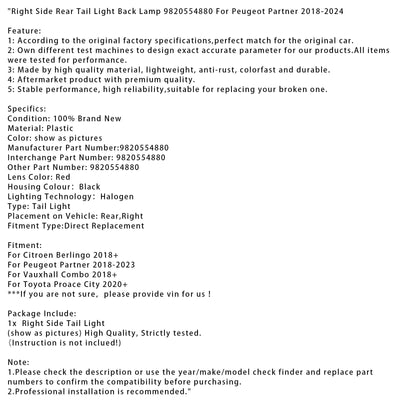 Feu Arrière Droit Peugeot Partner 2018-2023 9820554880 - installé sur véhicule - Becquet Voiture
