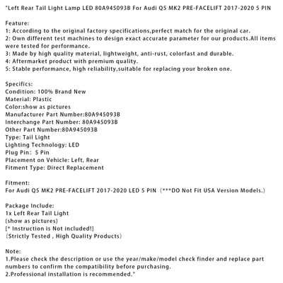 Feu Arrière Gauche LED 5 Broches Audi Q5 MK2 2017-2020 - vue de trois-quarts 2 - Becquet Voiture