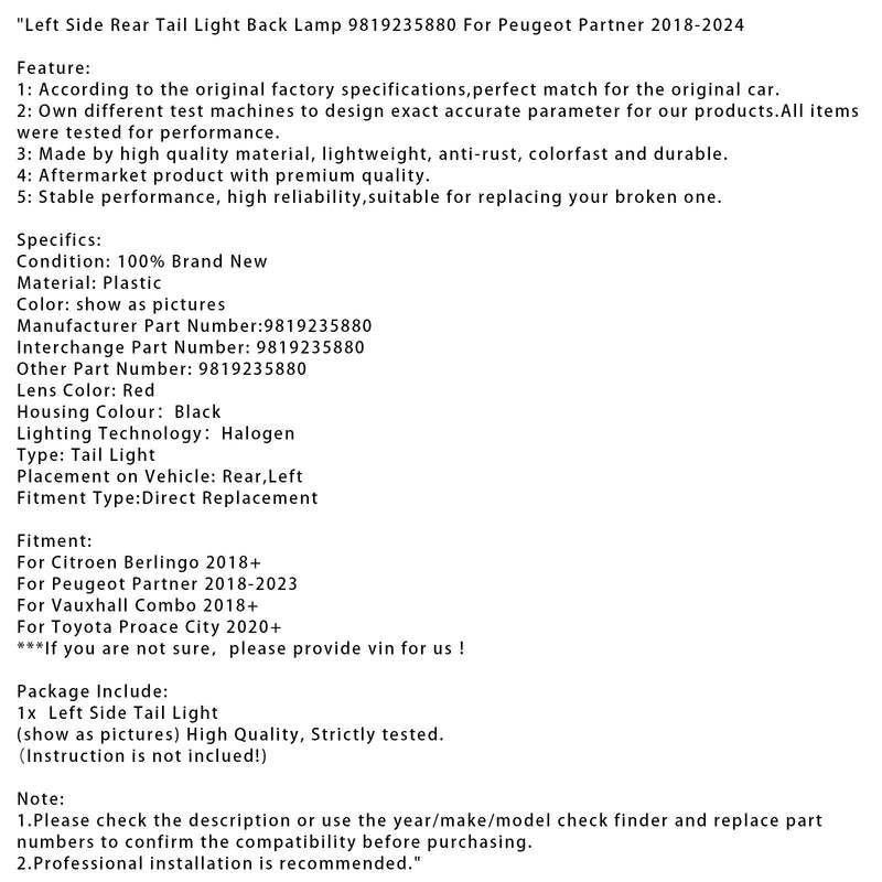Feu Arrière Gauche Toyota Proace City 9819235880 - installé sur véhicule - Becquet Voiture