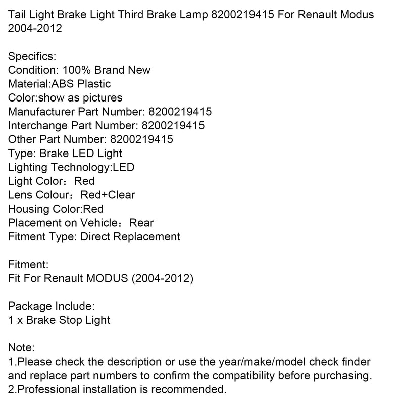 Feu Stop Arrière LED Renault Modus 2004-2012 8200219415 - vue arrière - Becquet Voiture