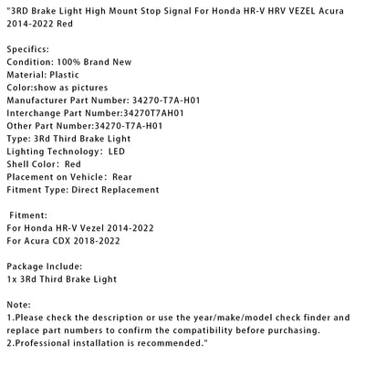 Feu Stop Surélevé LED Honda HR-V HRV Vezel Acura 2014-2022 Rouge - installé sur véhicule 2 - Becquet Voiture