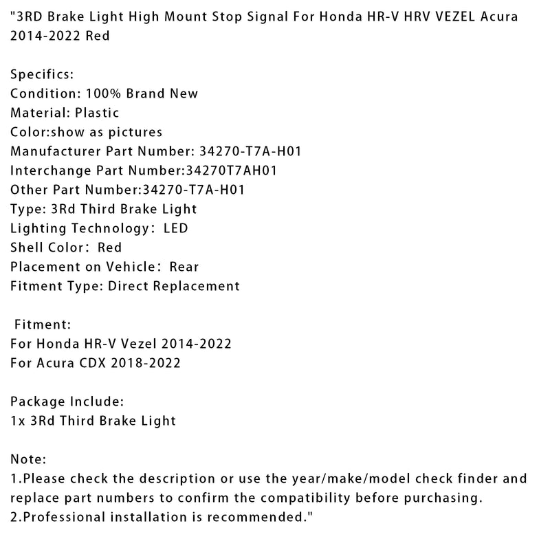 Feu Stop Surélevé LED Honda HR-V HRV Vezel Acura 2014-2022 Rouge - installé sur véhicule 2 - Becquet Voiture