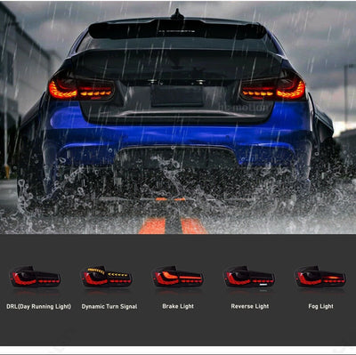 Feux Arrière LED BMW Série 3 F30 F80 Animation Bleue - vue de profil - Becquet Voiture