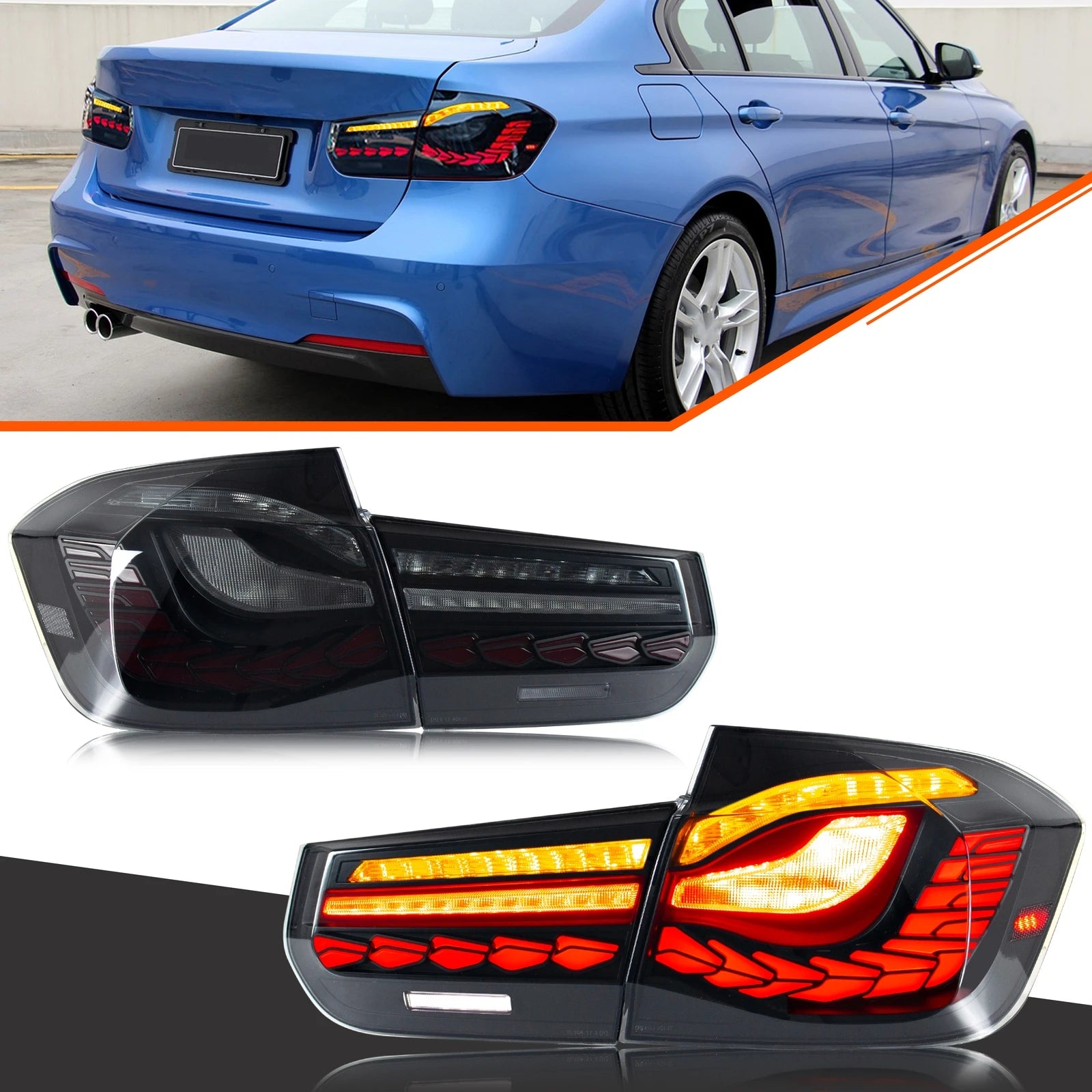 Feux Arrière LED GTS Noirs BMW Série 3 F30 F80 M3 2013-2018 - vue de face - Becquet Voiture