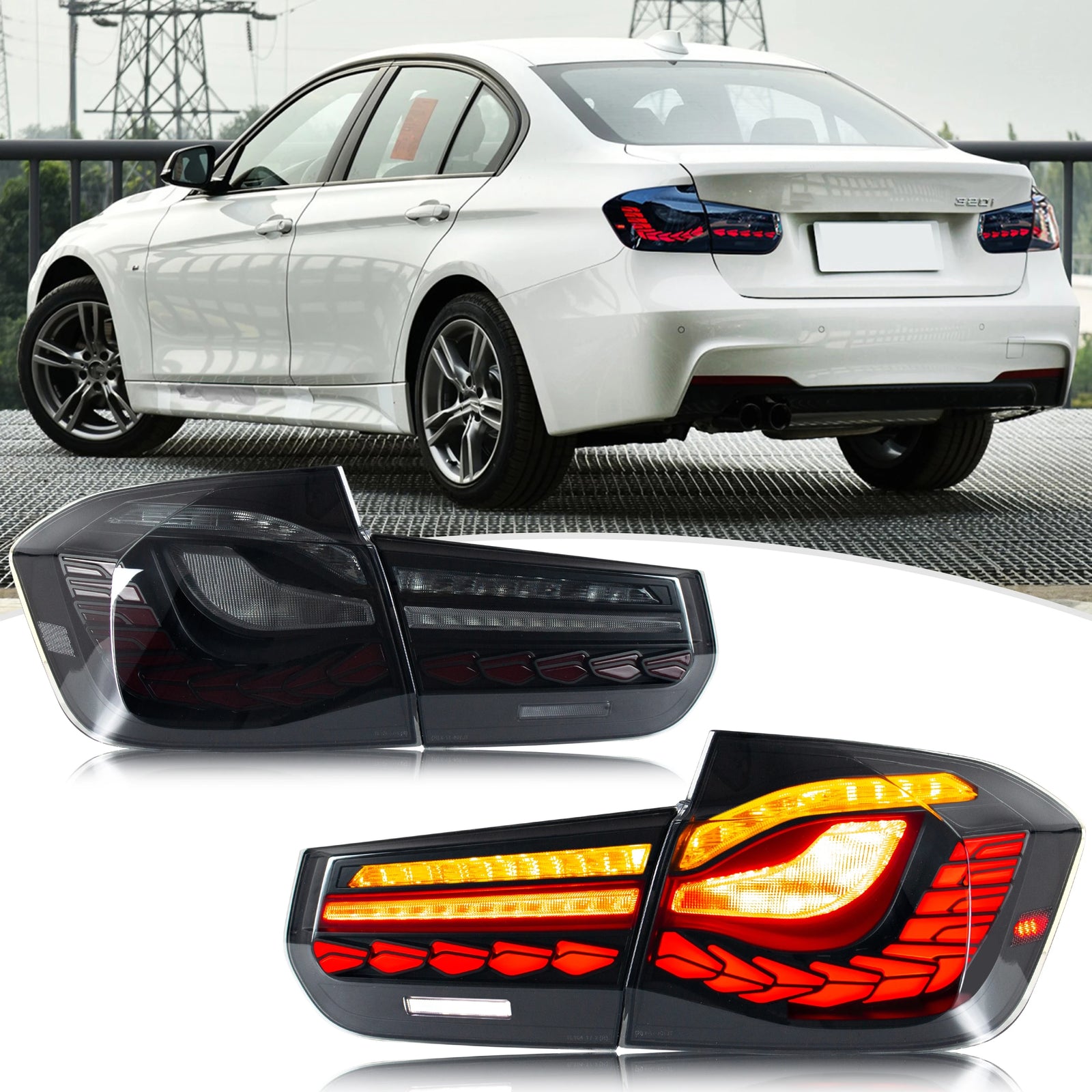 Feux Arrière LED GTS Noirs Séquentiels BMW Série 3 F30 F80 M3 - vue de face - Becquet Voiture