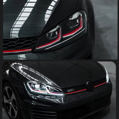 Feux Avant LED VW Golf 7 Ligne Noir Rouge - vue de trois-quarts - Becquet Voiture
