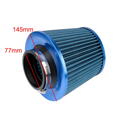 Filtre à Air Universel 76mm Rouge Bleu Noir - packshot studio - Becquet Voiture