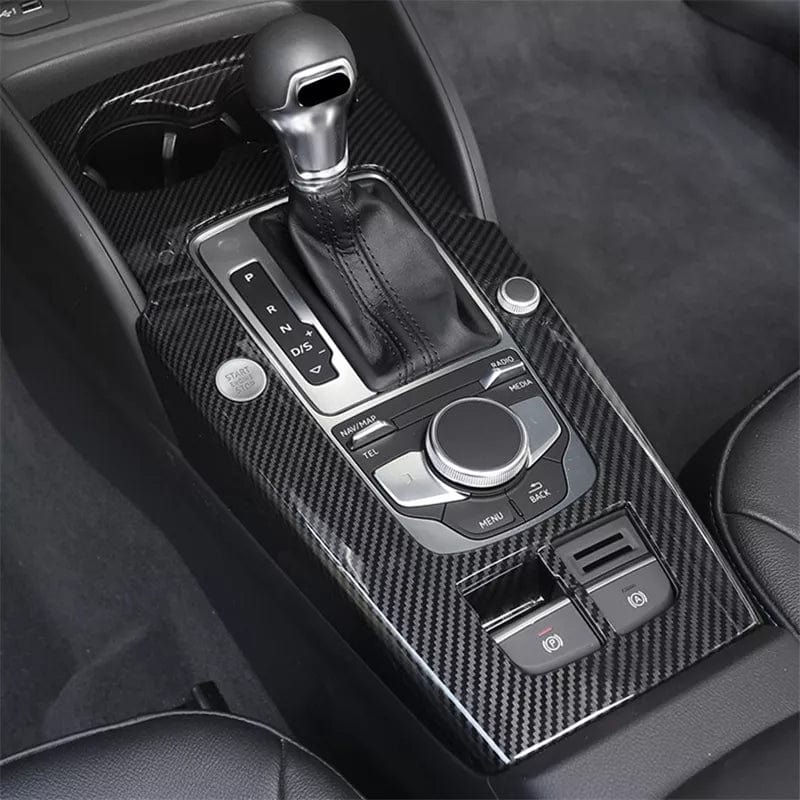 Garniture console centrale carbone Audi A3 8V - vue de face - Becquet Voiture