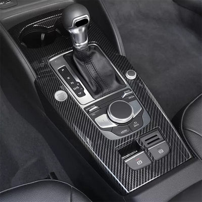 Garniture console centrale carbone Audi A3 8V - vue de face - Becquet Voiture