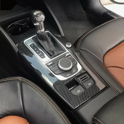 Garniture console centrale carbone Audi A3 8V - vue de trois-quarts - Becquet Voiture