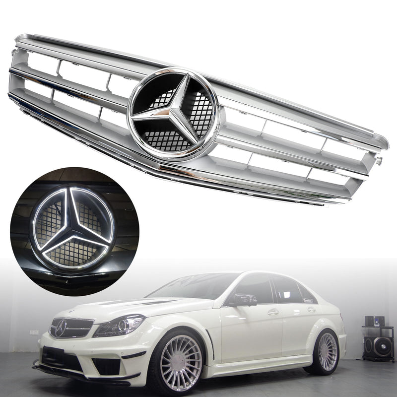 Grille Pare-Chocs Avant Benz Classe C W204 LED Chromé 2008-2014 - vue de trois-quarts - Becquet Voiture
