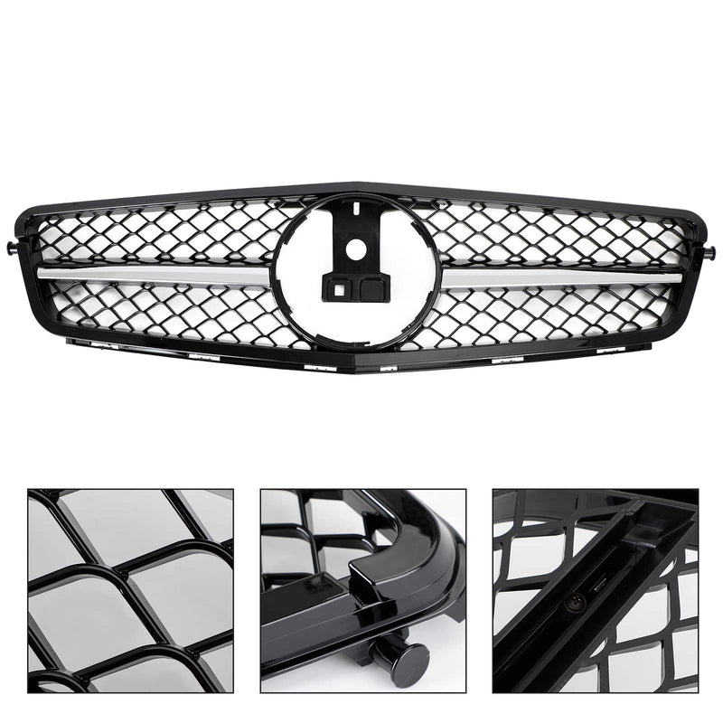 Grille Pare-Chocs Avant Benz W204 Classe C 2008-2014 Noir Brillant Chrome - vue de face - Becquet Voiture