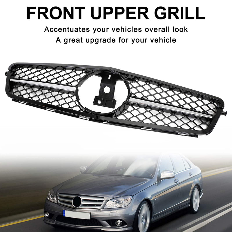 Grille Pare-Chocs Avant Benz W204 Classe C 2008-2014 Noir Brillant Chrome - vue de trois-quarts - Becquet Voiture