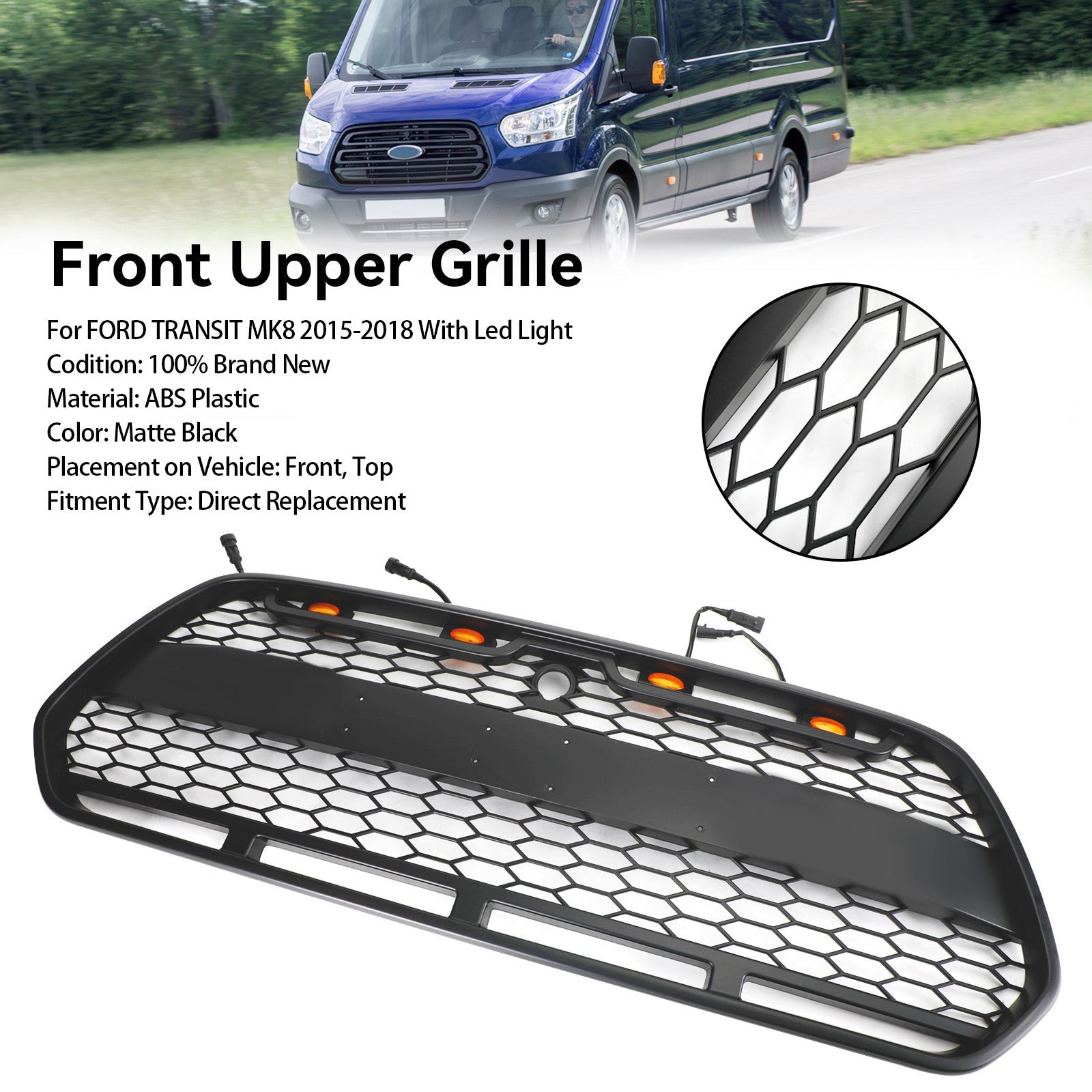 Grille Pare-Chocs LED Style Raptor Ford Transit MK8 2015-2018 - détail du montage 2 - Becquet Voiture