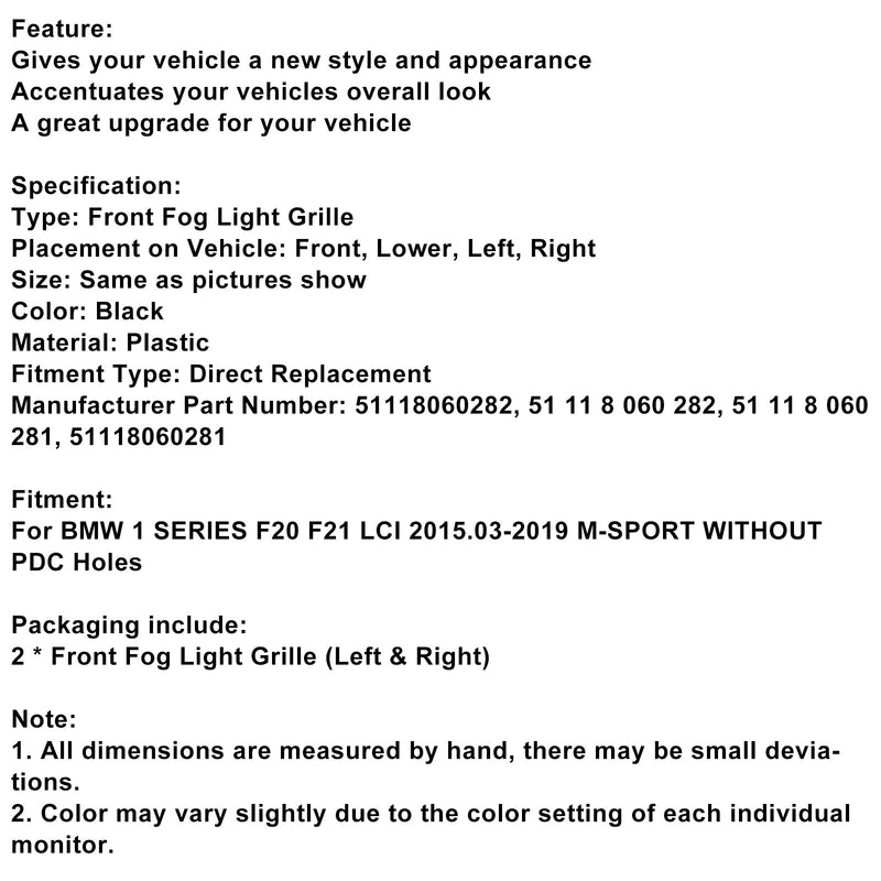Grilles de Protection Antibrouillard BMW Série 1 F20 F21 M-Sport 2015-2019 - détail du montage 2 - Becquet Voiture