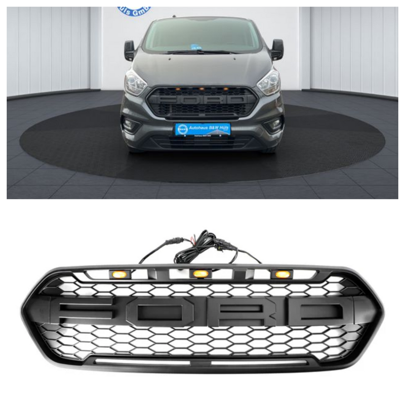GZ.A FT-QX-DD Calandre Ford Transit 2018-2023 Noir Mat Éclairage - vue de trois-quarts - Becquet Voiture