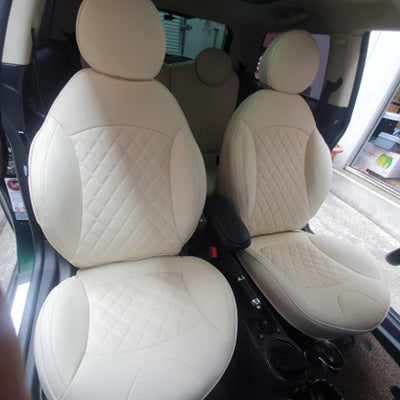 Housses de Siège Mini Cooper Ensemble Complet Beige - détail du montage - Becquet Voiture