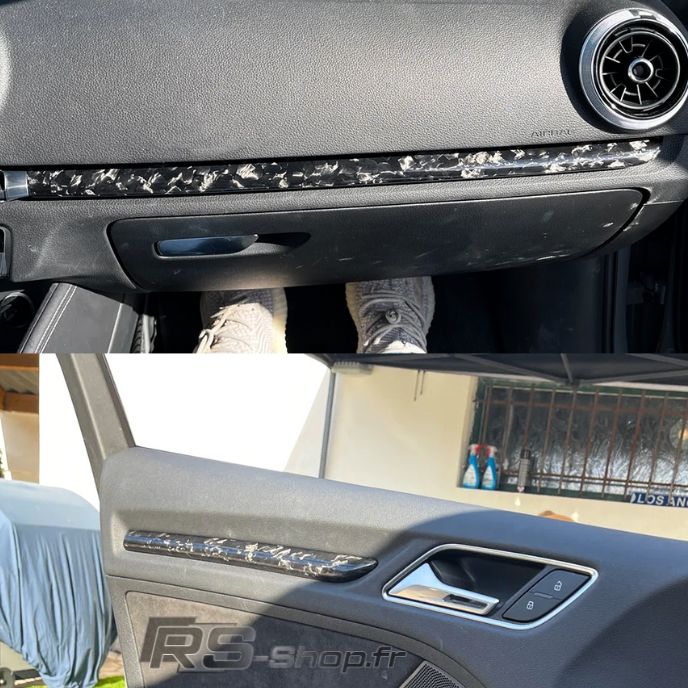Inserts Carbone Portes Tableau Bord Audi A3 S3 RS3 8V - vue de dessus - Becquet Voiture