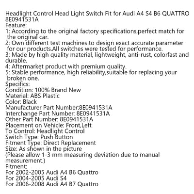 Interrupteur Phare Audi A4 S4 B6 QUATTRO 8E0941531A - vue de dessus - Becquet Voiture