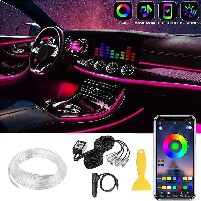 Kit d'éclairage d'ambiance LED multicolore fibre optique 5-en-1 intérieur voiture - vue de face - Becquet Voiture