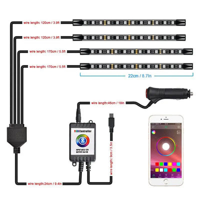 Kit LED Intérieur Voiture 72 LEDs RGB Contrôle APP Bluetooth - installé sur véhicule - Becquet Voiture