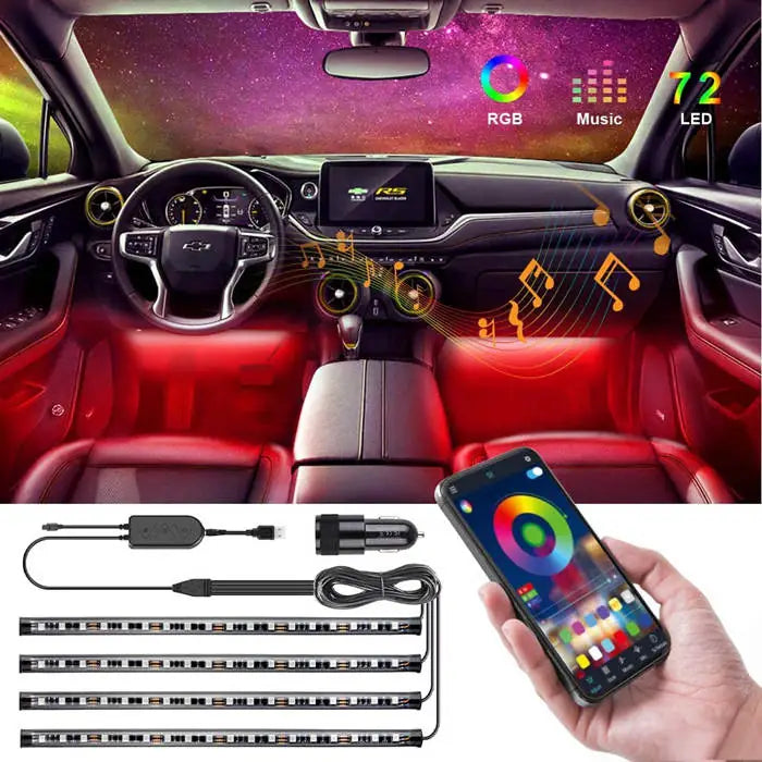 Kit LED Intérieur Voiture 72 LEDs RGB Contrôle APP Bluetooth - vue de face - Becquet Voiture