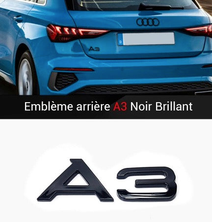 Logo Audi A3 Noir Brillant Coffre 90x35mm - vue de face - Becquet Voiture