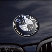 Logo BMW Noir Bleu Carbone 50e Anniversaire - vue de profil - Becquet Voiture