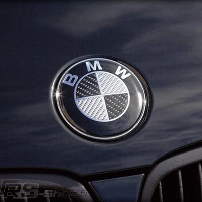 Logo BMW Noir Bleu Carbone 50e Anniversaire - vue de profil - Becquet Voiture