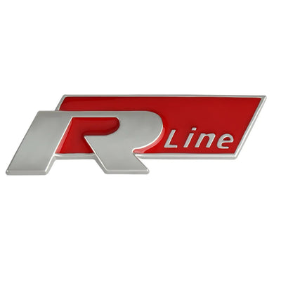 Logo R-Line Badge Coffre VW Noir Rouge Chrome - packshot studio - Becquet Voiture