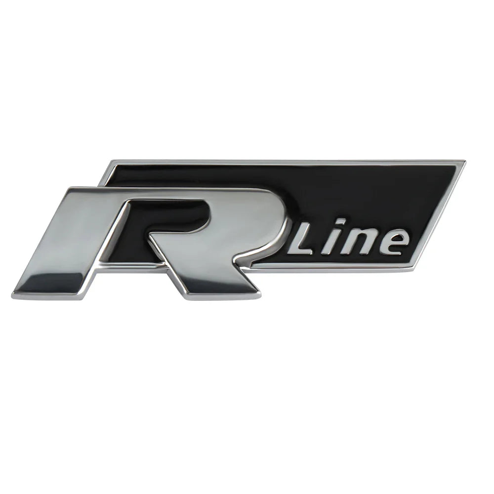 Logo R-Line Badge Coffre VW Noir Rouge Chrome - vue de face - Becquet Voiture