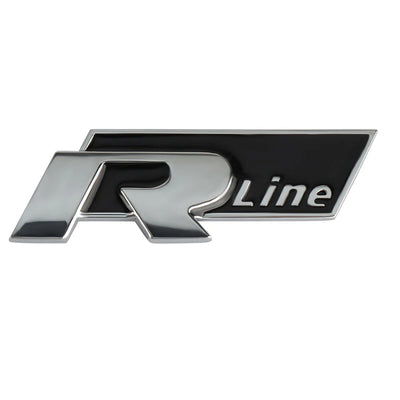 Logo R-Line Badge Coffre VW Noir Rouge Chrome - vue de face - Becquet Voiture