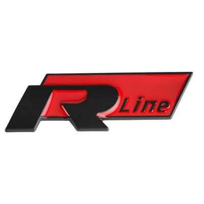 Logo R-Line Badge Coffre VW Noir Rouge Chrome - vue de profil - Becquet Voiture