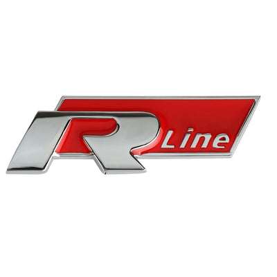 Logo R-Line Badge Coffre VW Noir Rouge Chrome - vue rapprochée - Becquet Voiture