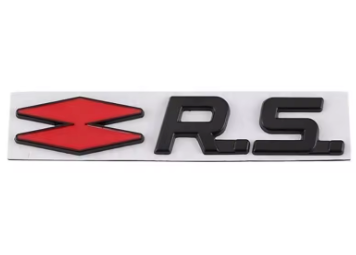 Logo R.S Renault Emblème Autocollant Noir Rouge Chrome - vue de profil - Becquet Voiture