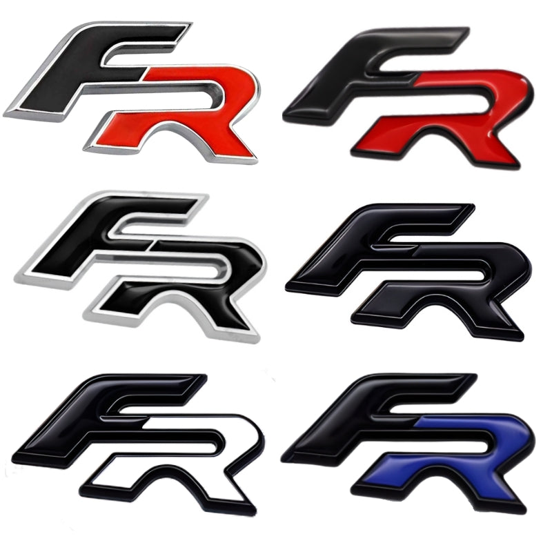 Logo Seat FR 3D Noir Rouge Bleu Chrome - vue de face - Becquet Voiture