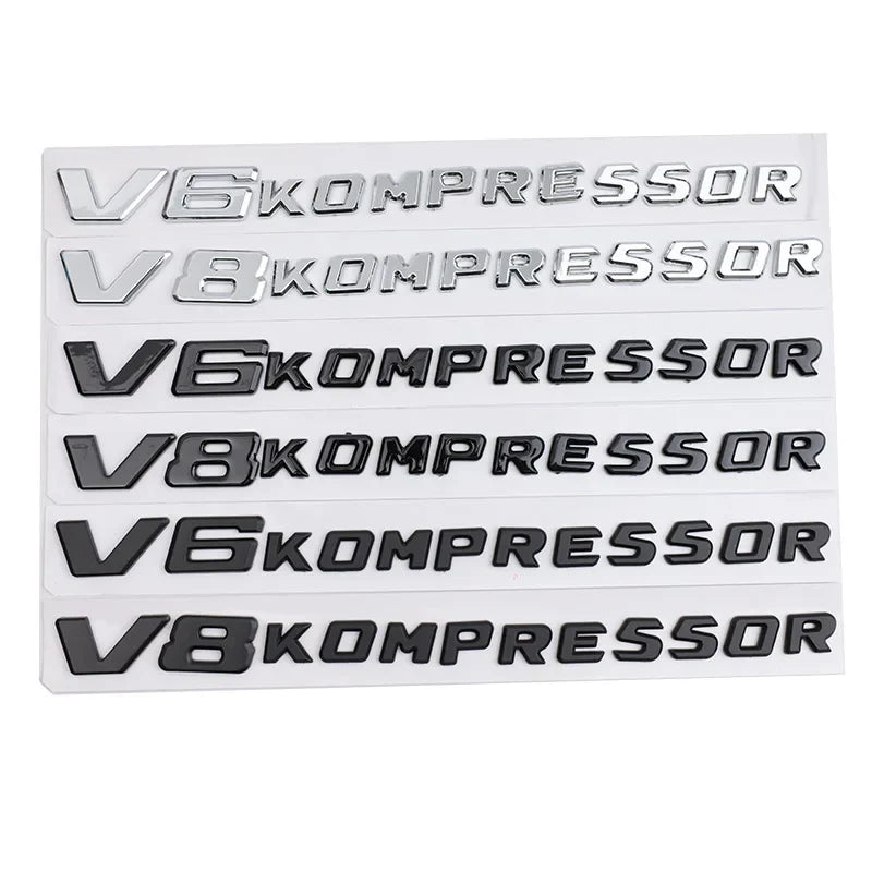 Logo V6 V8 Kompressor Mercedes Noir Chrome - vue de face - Becquet Voiture