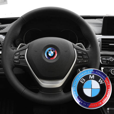 Logo Volant BMW 45mm Carbone Bleu Blanc M Perf - vue de dessus - Becquet Voiture
