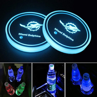 Lot 2 LED sous-verres porte-gobelet Miami Dolphins RGB - vue de face - Becquet Voiture