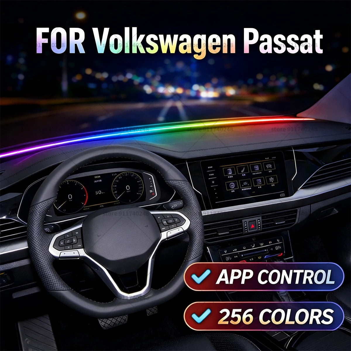 Lumière d'Ambiance RGB Intérieur Volkswagen Passat - vue de face - Becquet Voiture