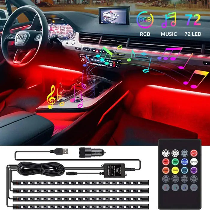 Lumière d'ambiance voiture 72 LED RGB intérieur multicolore - vue de face - Becquet Voiture