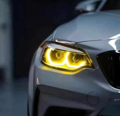 Modules LED DRL Angel Eyes jaune CSL BMW Série 2 F22 M2 F87 2014-2021 - vue de trois-quarts - Becquet Voiture