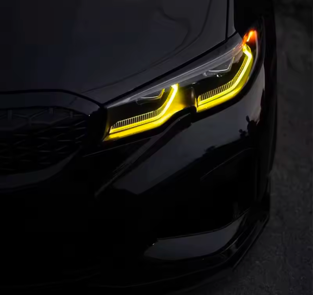 Modules LED DRL Angel Eyes jaune CSL BMW Série 3 G20 M3 G80 2018-2024 - vue de face - Becquet Voiture