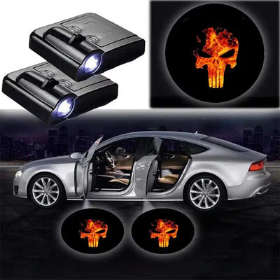 Paire Projecteurs de Porte LED Crâne pour Voiture, 2x Lumineux - vue de face - Becquet Voiture