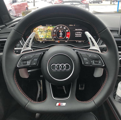 Palettes au volant aluminium chrome Audi A3 S3 8V 2012-2023 - vue de trois-quarts - Becquet Voiture