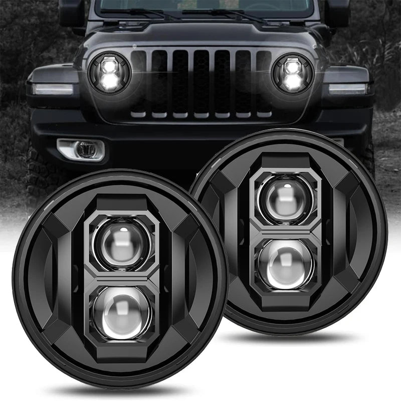 Phare LED Rond 7 Pouces Jeep Wrangler 4x4 Moto - vue de face - Becquet Voiture