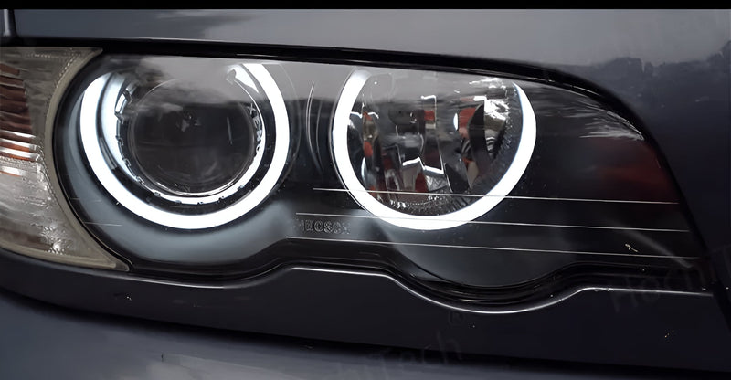 Phares Angel Eyes LED BMW Série 3 E46 - installé sur véhicule - Becquet Voiture